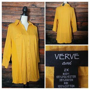 NWT Verve Ami Blouse Top Size 2X Dappled Gold Button Front 3/4 Sleeve Ribbed